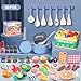 Funpynani 80Pcs Kitchen Playset Toddler Pretend Cooking with Pots Pans Cookware Food Picnic Blanket Fruits Veges Shopping Storage Basket Dessert Learning Gift for Girls Boys Blue - Image 4