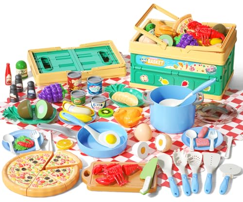 Funpynani 80Pcs Kitchen Playset Toddler Pretend Cooking with Pots Pans Cookware Food Picnic Blanket Fruits Veges Shopping Storage Basket Dessert Learning Gift for Girls Boys Blue - Image 1