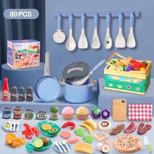 Funpynani 80Pcs Kitchen Playset Toddler Pretend Cooking with Pots Pans Cookware Food Picnic Blanket Fruits Veges Shopping Storage Basket Dessert Learning Gift for Girls Boys Blue - Image 5