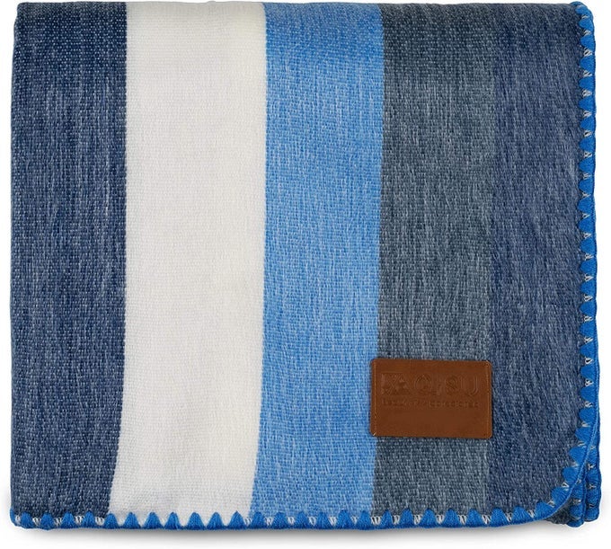 ALPACA WOOL BLANKET THROW LARGE BEAUTIFUL WARM STRIPE 85 X 65 INCHES ULTRASOFT HYPOALLERGENIC AND BREATHABLE NONITCHY OR SCRATCHY FABRIC BLUE WHITE STRIPE QUEEN