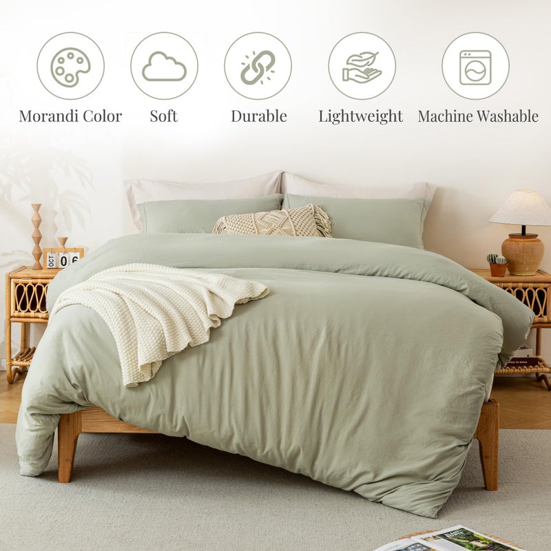 MILDLY Super Soft Duvet Cover - 100% Washed Microfiber October Mist Sage Comforter Cover Set 3 Pieces with Zipper Closure & Corner Ties (No Comforter) - Image 2
