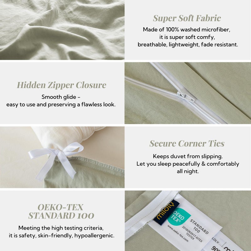 MILDLY Super Soft Duvet Cover - 100% Washed Microfiber October Mist Sage Comforter Cover Set 3 Pieces with Zipper Closure & Corner Ties (No Comforter) - Image 5