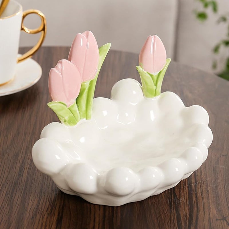 Tazweeq Cute Chubby Jewelry Dish Decorative Bowl, Ceramic Organizer Dish for Entryway Vanity Office Desk Key and Accessory Holder (White - Tulip) - Image 5