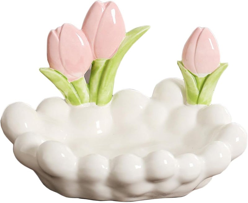 Tazweeq Cute Chubby Jewelry Dish Decorative Bowl, Ceramic Organizer Dish for Entryway Vanity Office Desk Key and Accessory Holder (White - Tulip) - Image 1