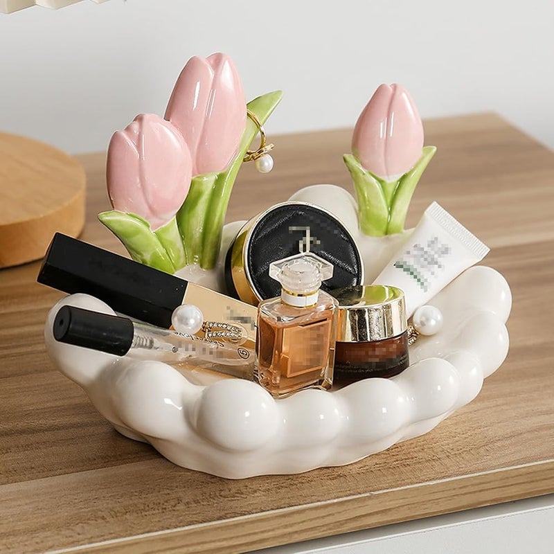 Tazweeq Cute Chubby Jewelry Dish Decorative Bowl, Ceramic Organizer Dish for Entryway Vanity Office Desk Key and Accessory Holder (White - Tulip) - Image 3