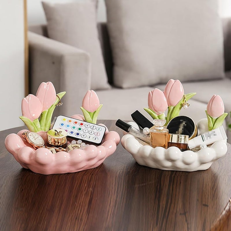 Tazweeq Cute Chubby Jewelry Dish Decorative Bowl, Ceramic Organizer Dish for Entryway Vanity Office Desk Key and Accessory Holder (White - Tulip) - Image 4
