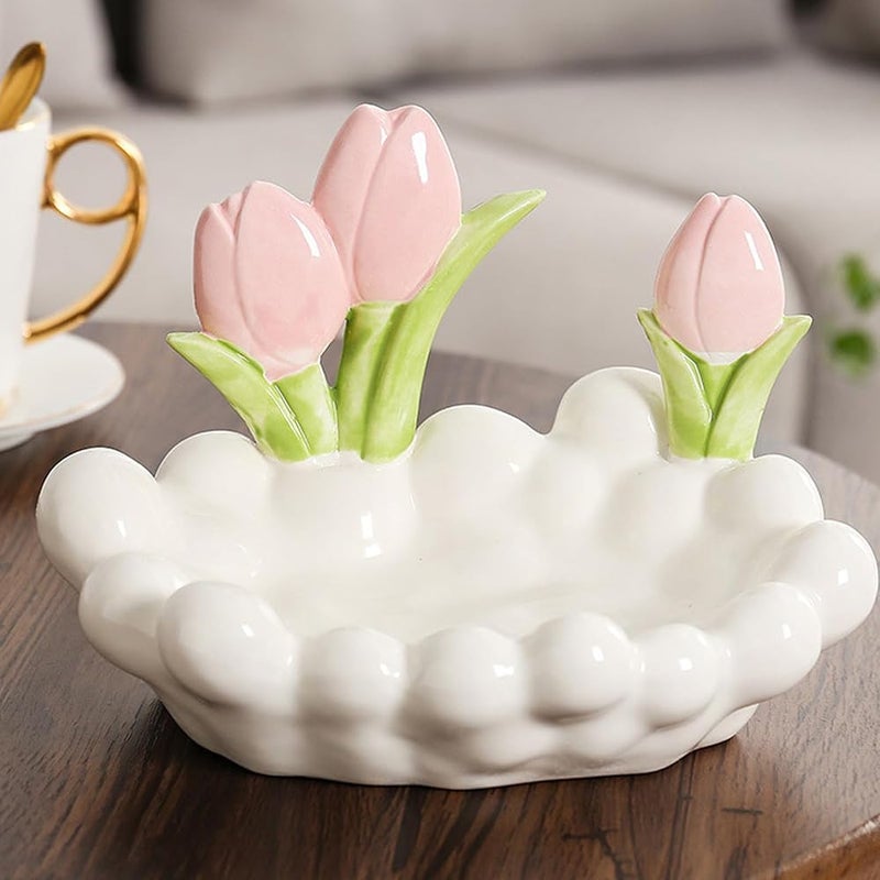 Tazweeq Cute Chubby Jewelry Dish Decorative Bowl, Ceramic Organizer Dish for Entryway Vanity Office Desk Key and Accessory Holder (White - Tulip) - Image 2