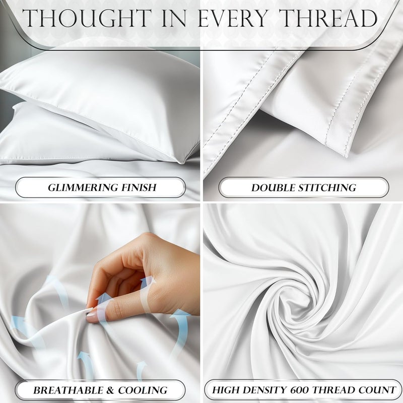 DECOLURE Satin Sheets Queen Size Set 4 Pcs - Silky & Luxuriously Soft Satin Bed Sheets w/ 15 inch Deep Pocket - Similar to Silk Sheets - Double Stitching, Wrinkle Free (White) - Image 3