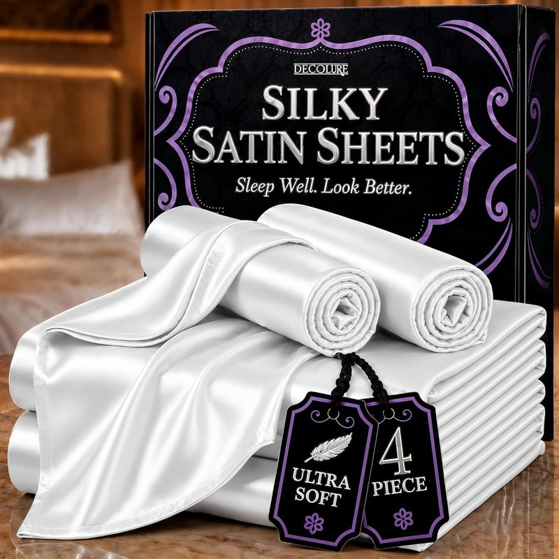 DECOLURE Satin Sheets Queen Size Set 4 Pcs - Silky & Luxuriously Soft Satin Bed Sheets w/ 15 inch Deep Pocket - Similar to Silk Sheets - Double Stitching, Wrinkle Free (White) - Image 1
