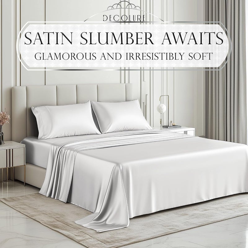 DECOLURE Satin Sheets Queen Size Set 4 Pcs - Silky & Luxuriously Soft Satin Bed Sheets w/ 15 inch Deep Pocket - Similar to Silk Sheets - Double Stitching, Wrinkle Free (White) - Image 2