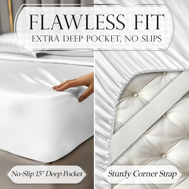 DECOLURE Satin Sheets Queen Size Set 4 Pcs - Silky & Luxuriously Soft Satin Bed Sheets w/ 15 inch Deep Pocket - Similar to Silk Sheets - Double Stitching, Wrinkle Free (White) - Image 5