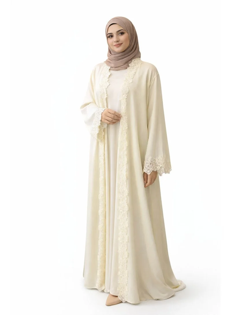 اوفيليا عباية مفتوحة أمامية مزينة بالدانتيل الأنيق – فستان ماكسي محتشم فاخر لرمضان والعيد، لباس إسلامي للمناسبات