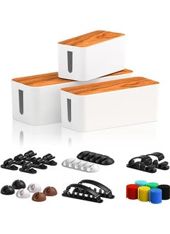 Cable Management Box 3 Pack with 16 Cable Clips Set, Wooden Style Cable Organizer Box to Hide Wires and Power Strips, Cord Organizer Box, Cable Organizer for Home or Office (White)
