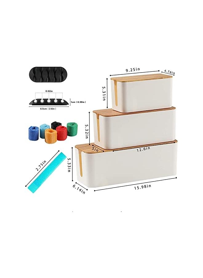 PROMASS - Cable Management Box 3 Pack with 16 Cable Clips Set, Wooden Style Cable Organizer Box to Hide Wires and Power Strips, Cord Organizer Box, Cable Organizer for Home or Office (White) - Image 1