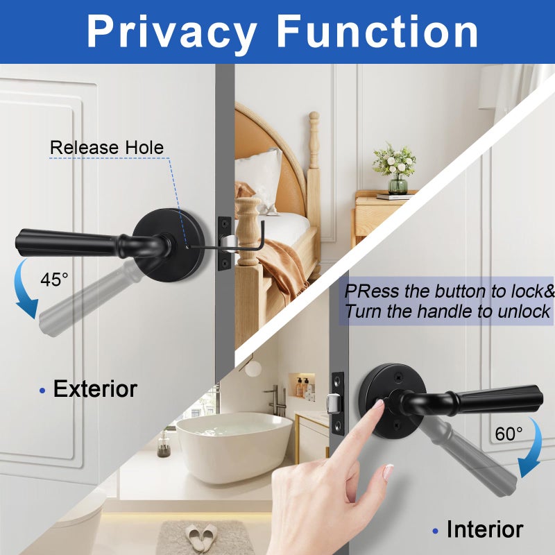 Orger 6 Pack Matte Black Interior Door Handle Round Privacy Door Lever Keyless, Bed and Bath Interior Door Lock Set Left & Right Hand Use, Modern Privacy Door Lock Black Finish, Stainless Steel - Image 2