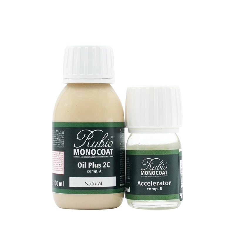 Rubio Monocoat صبغة وتشطيب الخشب Rubio Monocoat 65 قدم² - طبيعي | زيت Plus 2C | يجف بسرعة، زيت خشب صديق للبيئة من بذور الكتان للاستخدام الداخلي، يشمل المعجل (الجزء ب) | واقي | 130 مل - Image 1