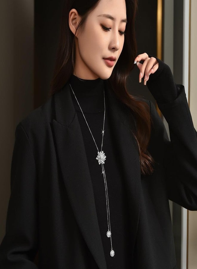 Cykdohy Elegant Rotating Snowflake Crystal Long Chain Lariat Y Necklace for Women Delicate Shiny CZ Winter Flowers Drop Statement Pendant Adjustable Necklaces Dainty Sweater Christmas Jewelry Gift for Her 33'' - Image 4