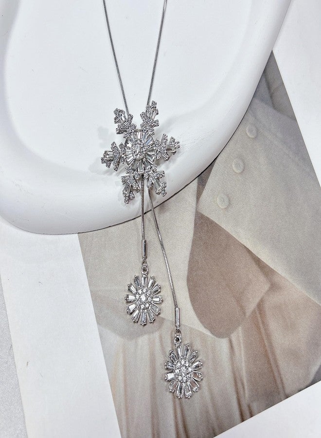 Cykdohy Elegant Rotating Snowflake Crystal Long Chain Lariat Y Necklace for Women Delicate Shiny CZ Winter Flowers Drop Statement Pendant Adjustable Necklaces Dainty Sweater Christmas Jewelry Gift for Her 33'' - Image 2