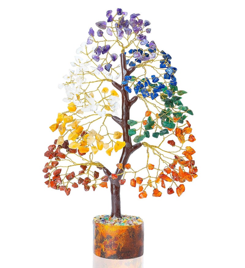 Hindcraft Natural Healing Seven Chakra Gemstone Crystal Tree for Home Decor Bonsai Showpiece Decorative Items for Good Luck Decoration Gift Item Multicolor Golden Wire 810 Inches 200 Beads