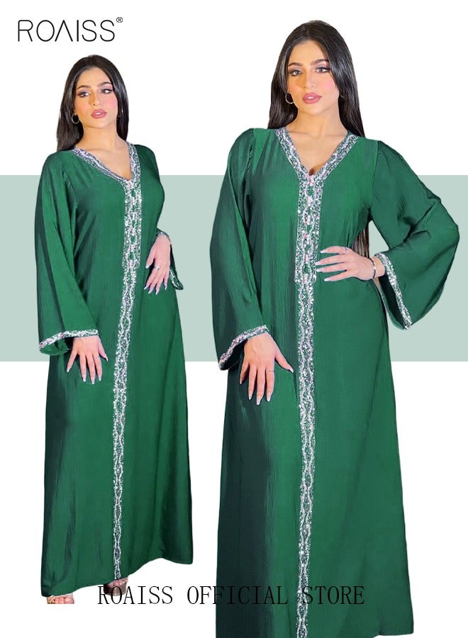 roaiss Women Luxury V-neck Rhinestone Robe Maxi Dresses Exclusive Styles Modern Stylish Abaya Middle East Arabic Banquet Wedding Party Dress Women's Festival Clothing  - Image 4