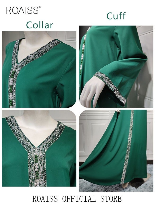 roaiss Women Luxury V-neck Rhinestone Robe Maxi Dresses Exclusive Styles Modern Stylish Abaya Middle East Arabic Banquet Wedding Party Dress Women's Festival Clothing  - Image 5