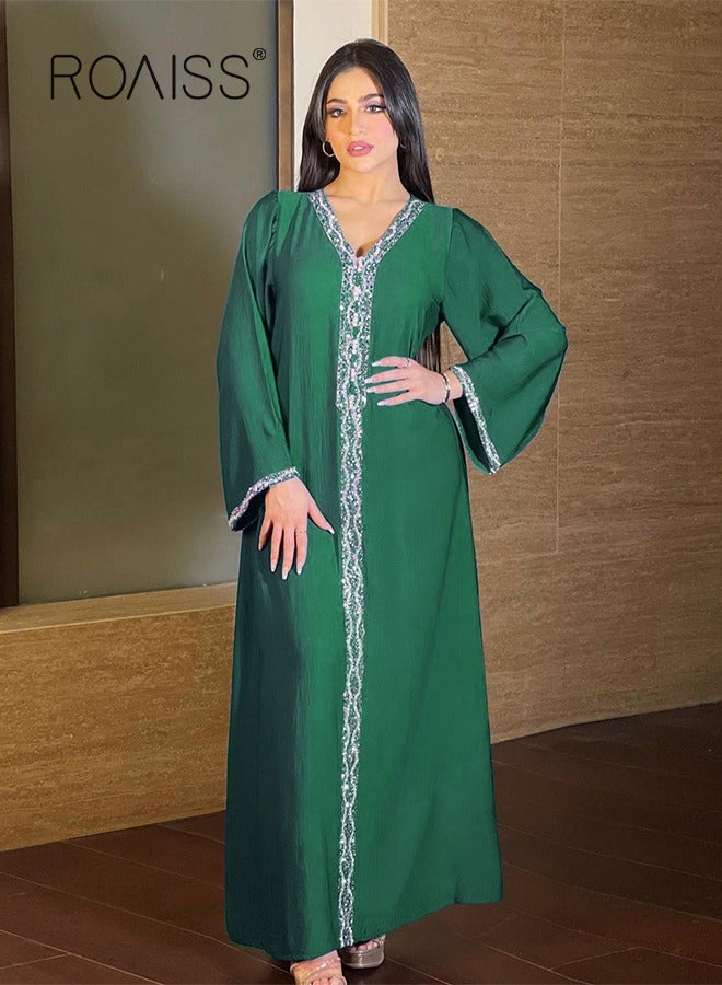 roaiss Women Luxury V-neck Rhinestone Robe Maxi Dresses Exclusive Styles Modern Stylish Abaya Middle East Arabic Banquet Wedding Party Dress Women's Festival Clothing  - Image 3
