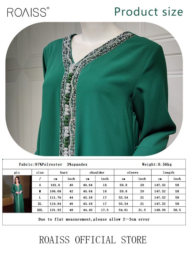 roaiss Women Luxury V-neck Rhinestone Robe Maxi Dresses Exclusive Styles Modern Stylish Abaya Middle East Arabic Banquet Wedding Party Dress Women's Festival Clothing  - Image 2