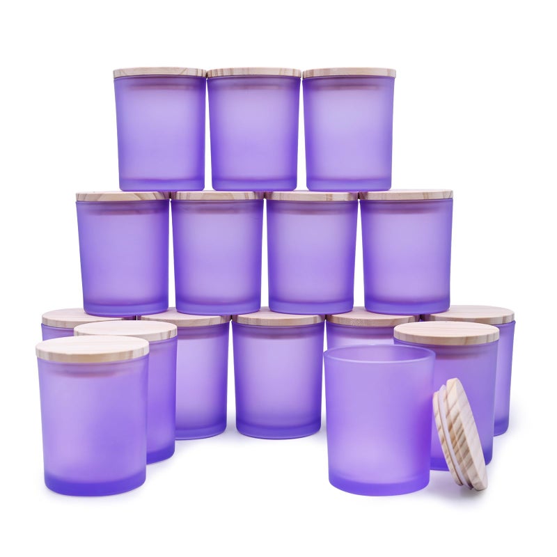SHOWIN Thick Candle Jars for Making Candles 16 Pcs, 7 OZ Empty Jars with Wood Lids for Candle Making, Sample Container, Frosted Purple - Image 1