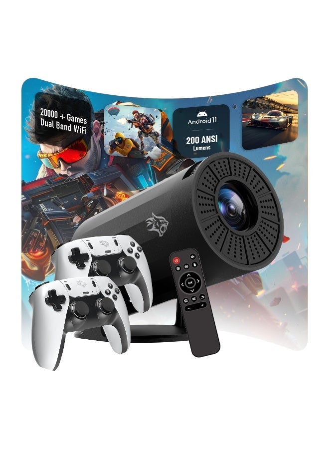 porodo Gaming Projector with Dual Controllers +20000 Installed Games, Android 11, 40"-130" Projection, Auto Keystone, Plug & Play, Wide Compatibility with Games & Languages, for Indoor Outdoor Home Birthday Gift- Black - Image 1