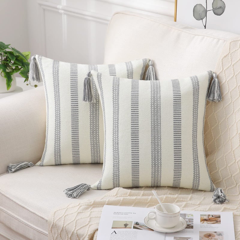 Smile Bee Boho Outdoor Couch Throw Pillow Covers Set of 2 Decorative Thick Woven Striped Accent Neutral Pillow Covers with Tassels for Bed Sofa Home Decor 20x20 Inch Grey and Cream White