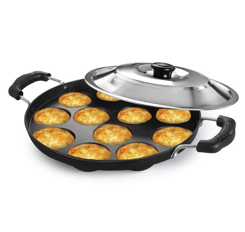 PANCA Non Stick 12 Cavity Appam Patra with Side Handle & Stainless Steel Lid | Aluminium Appam Maker Pan for Appe, Paniyaram, Paddu & Uttapam | Black - Image 1