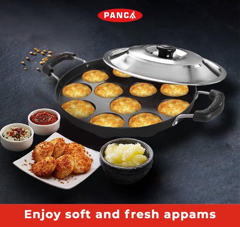 PANCA Non Stick 12 Cavity Appam Patra with Side Handle & Stainless Steel Lid | Aluminium Appam Maker Pan for Appe, Paniyaram, Paddu & Uttapam | Black - Image 2