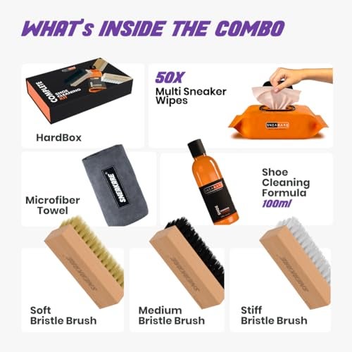 SNEAKARE Complete Shoe Cleaning Kit - Shoe Cleaner, Brushes (Soft, Medium, Stiff), Microfiber Towel, Premiux Box & 50 Wipes - Sneaker Cleaner, Suede & Leather Shoes Cleaning Kit - Image 2