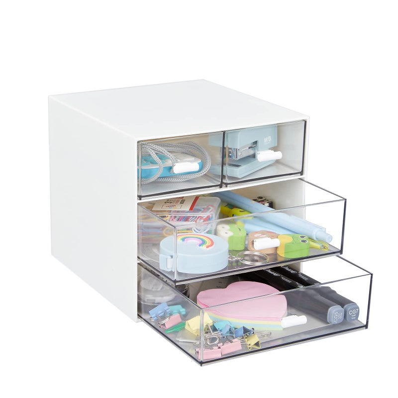 LETURE Desk Organizer with 4 Drawers, Clear Plastic Desk Storage Box, Desktop Organization for Office Supplies, Gel Pens, Pencils, Markers, Tape, Erasers, Paperclips, Chargers (White-4 Draws) - Image 2