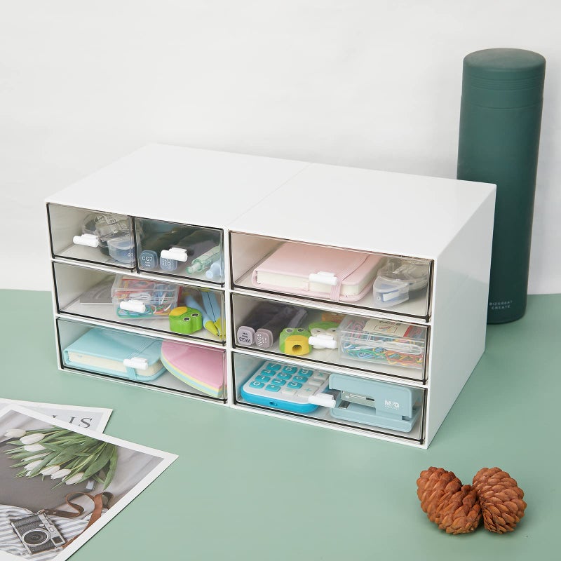 LETURE Desk Organizer with 4 Drawers, Clear Plastic Desk Storage Box, Desktop Organization for Office Supplies, Gel Pens, Pencils, Markers, Tape, Erasers, Paperclips, Chargers (White-4 Draws) - Image 5