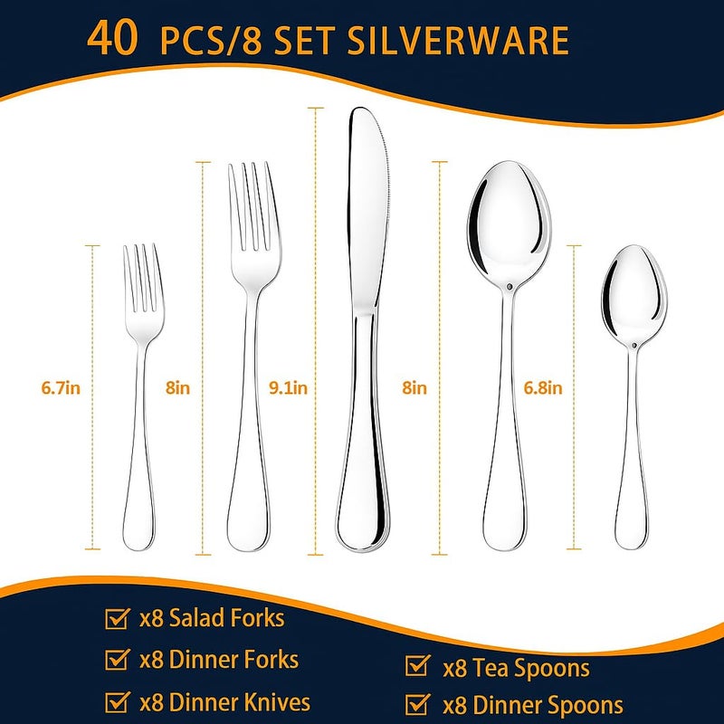 NICE KITCHEN Silverware Set, 40 Piece Stainless Steel Cutlery Sets for 8, Heavy Duty Flatware, Mirror Polished Forks Spoons and Knives Set, Reusable Utensils for Home Kitchen, Dishwasher Safe - Image 2