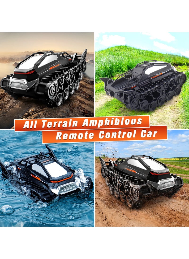 Taizz Ventures سيارة تحكم عن بعد برمائية، شاحنة وحش 4WD مقاومة للماء 2.4GHz لجميع التضاريس، سيارة قارب على الطرق الوعرة، ألعاب دبابات دوارة 360° للأطفال الأولاد والبنات من عمر 6 7 8 9 10 11 12 هدايا عيد الميلاد، سوداء - Image 4