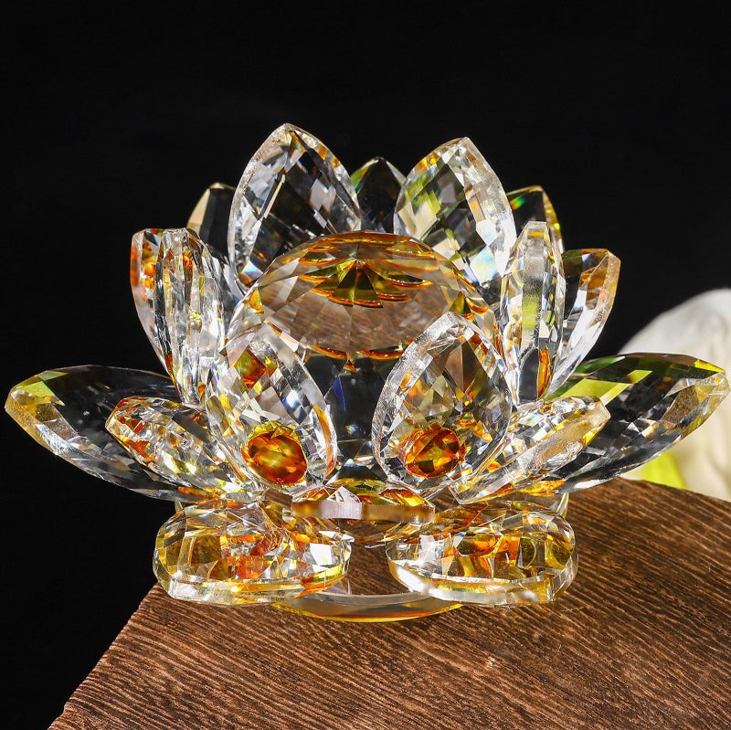 Sparkle Crystal Lotus Flower 4 Hue Reflection Clear Crystal Lotus for Feng Shui Home Decor Sun Catcher Ornaments or Paper Weight with Gift Box 100MM Transparent Golden
