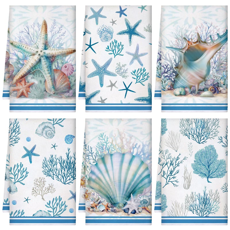 Boyiee Set of 6 Beach Kitchen Towels Coastal Ocean Dish Towels Sea Nautical Tea Towels Absorbent 24 x 16 Inches Shell Coral Starfish Hand Towels Summer Gifts for Farmhouse Kitchen Bathroom Decorations - Image 2