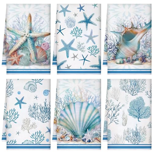 Boyiee Set of 6 Beach Kitchen Towels Coastal Ocean Dish Towels Sea Nautical Tea Towels Absorbent 24 x 16 Inches Shell Coral Starfish Hand Towels Summer Gifts for Farmhouse Kitchen Bathroom Decorations - Image 1