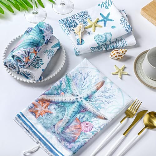 Boyiee Set of 6 Beach Kitchen Towels Coastal Ocean Dish Towels Sea Nautical Tea Towels Absorbent 24 x 16 Inches Shell Coral Starfish Hand Towels Summer Gifts for Farmhouse Kitchen Bathroom Decorations - Image 3