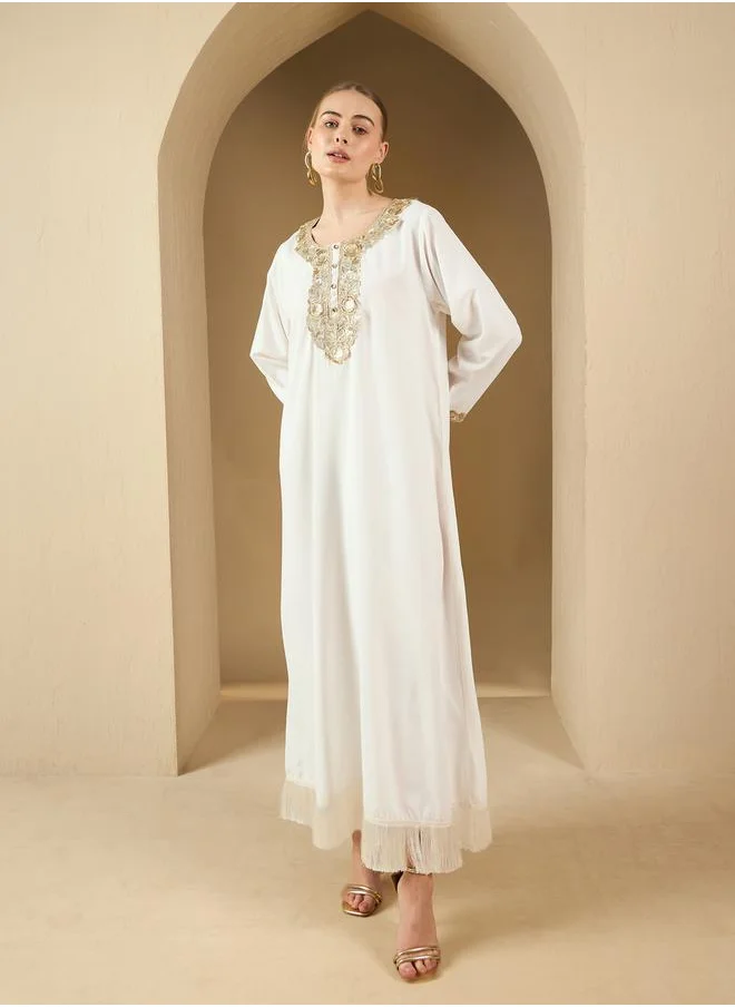 ستايلي Lace Insert Round Neck A-Line Jalabyia