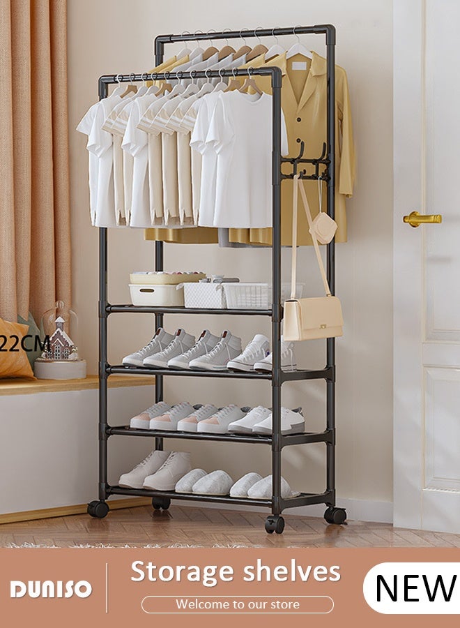 DUNISO 4-Tier Storage Shelf Double-Rail Clothes Rack, Clothing Garment Rack Metal Hanging Clothes for Boxes Shoes Boots Commercial Grade Multi-Purpose Entryway Shelving Unit for Home Office Bedroom - Image 1