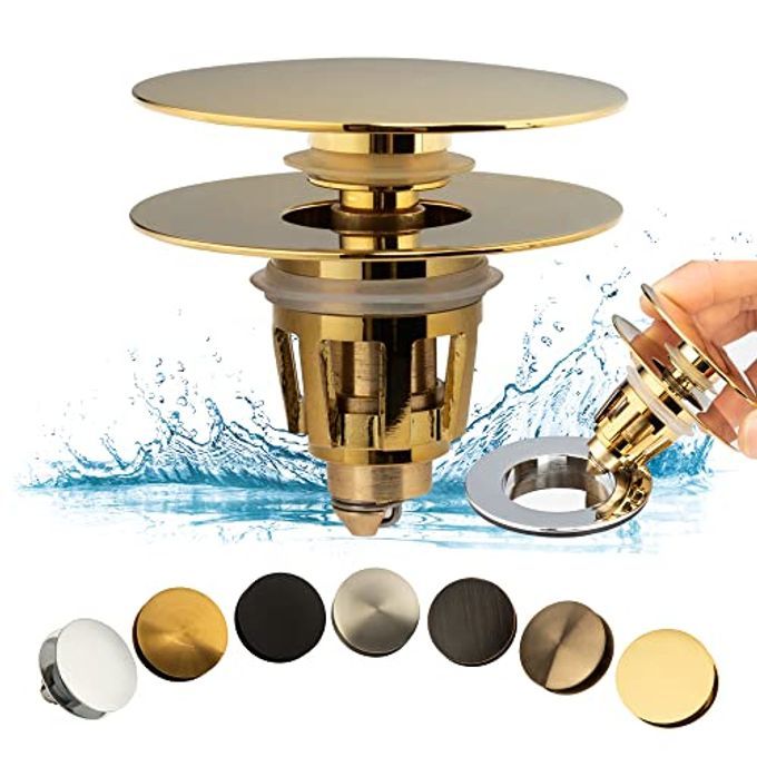 UNIVERSAL BATHROOM SINK DRAIN STOPPER FITS MOST POPUP DRAINS FOR VESSEL SINK LAVATORY VANITY SINK DRAIN STRAINER WITH DETACHABLE HAIR CATCHER TESTED BY PLUMBER IN US POLISHED BRASS