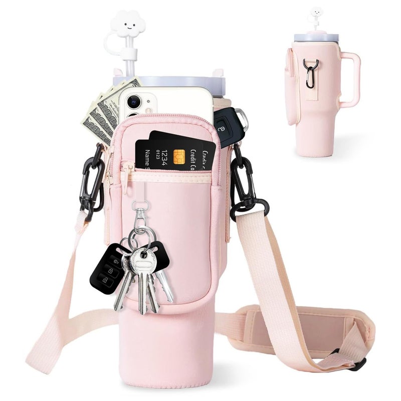 Diving material ice cup set custom stanley slung kettle bag Stanley 40oz thermos cup bag protective cover Pink (keychain + carabiner * 1) 