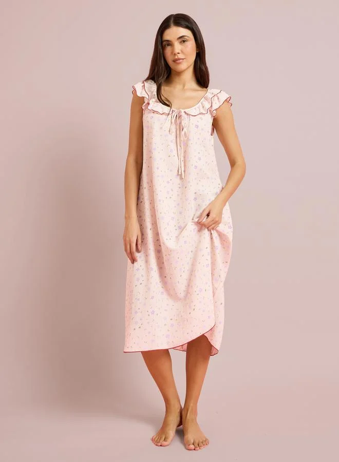 Styli Pink Ditsy Floral Ruffle Neck Front Tie Nightdress