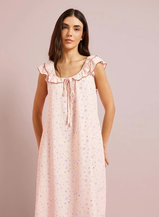 Styli Pink Ditsy Floral Ruffle Neck Front Tie Nightdress