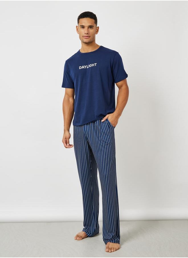 Styli Slogan Print T-Shirt & Striped Pyjama Set  - Image 1