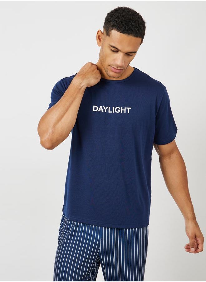 Styli Slogan Print T-Shirt & Striped Pyjama Set  - Image 2