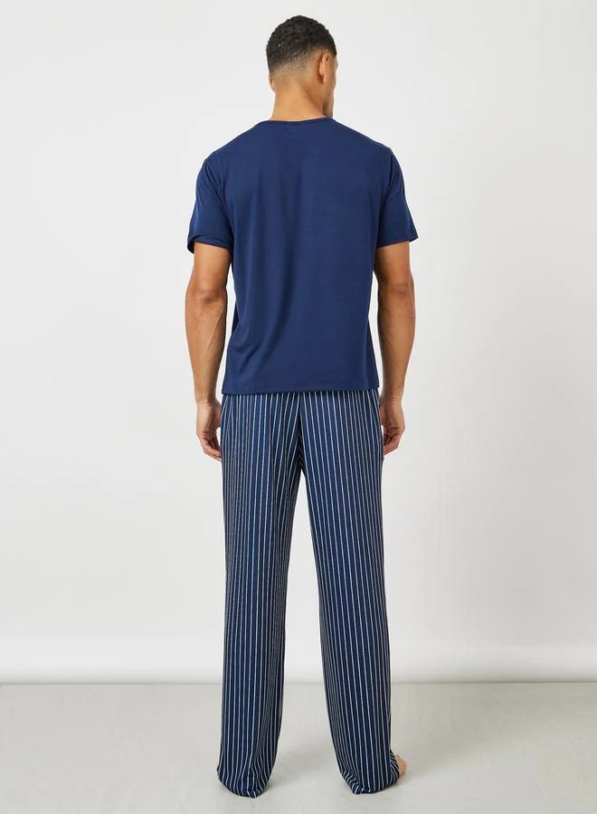 Styli Slogan Print T-Shirt & Striped Pyjama Set